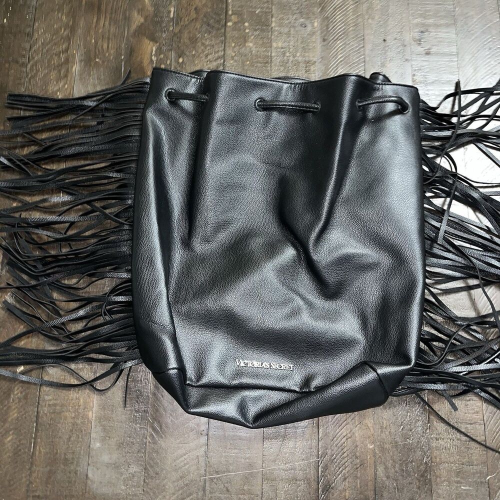 Victoria's Secret VS Black Hobo Backpack Fashion Show Bag Fringe EUC - Picture 5 of 5